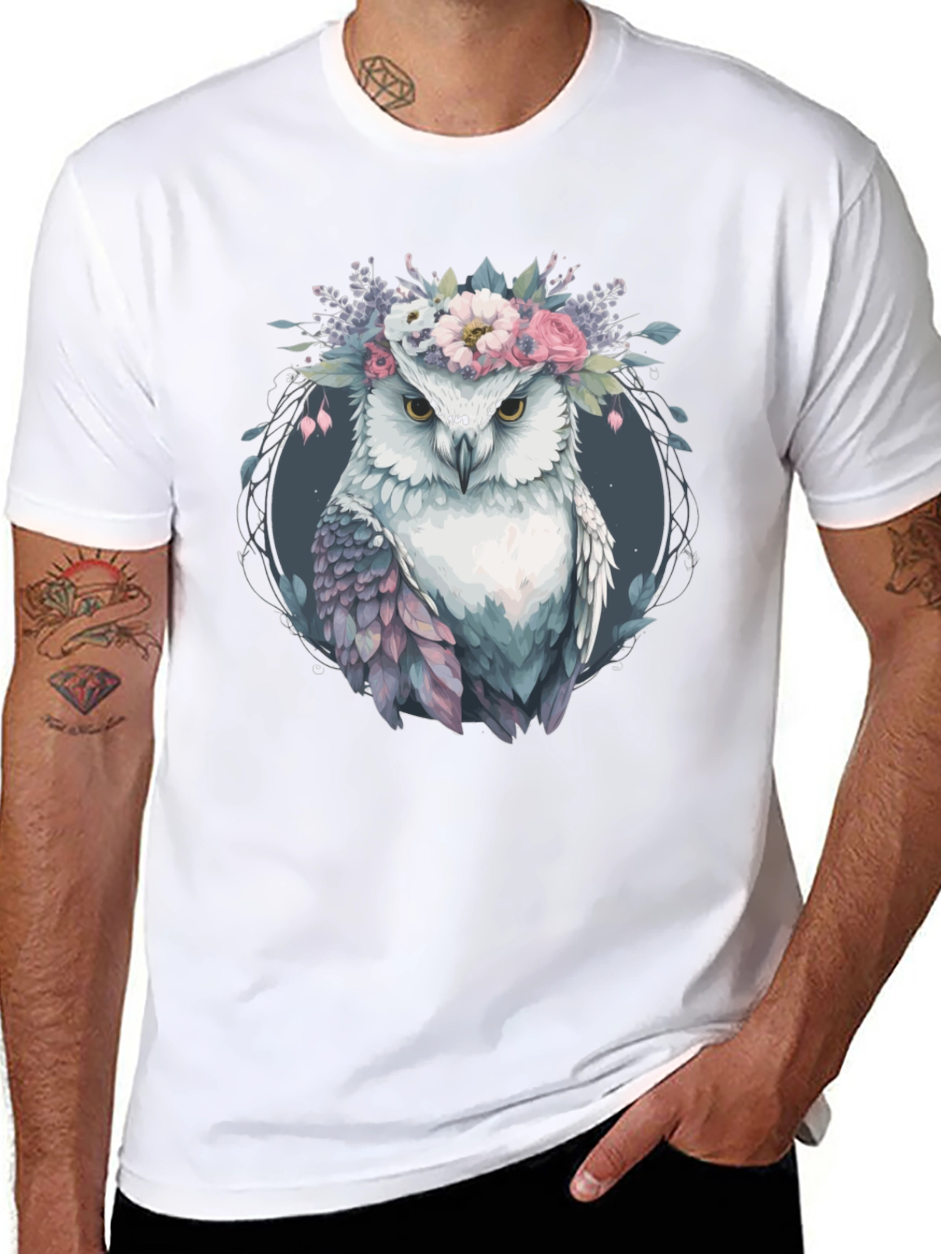 Owl With Floral Crown Graphic Tee - Black