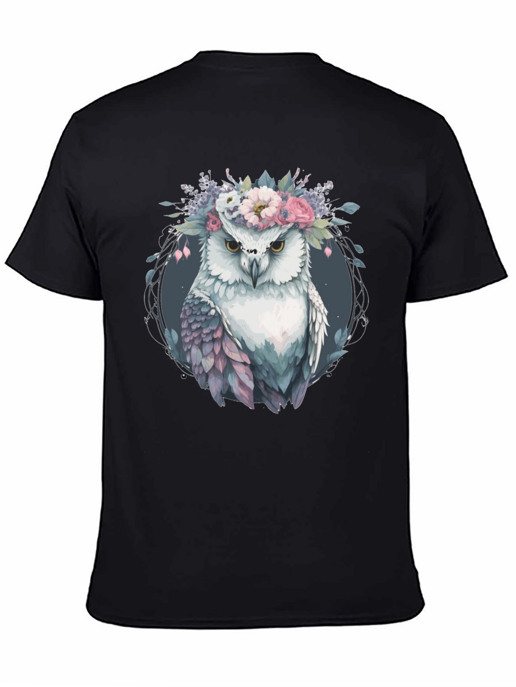 Owl With Floral Crown Graphic Tee - Black