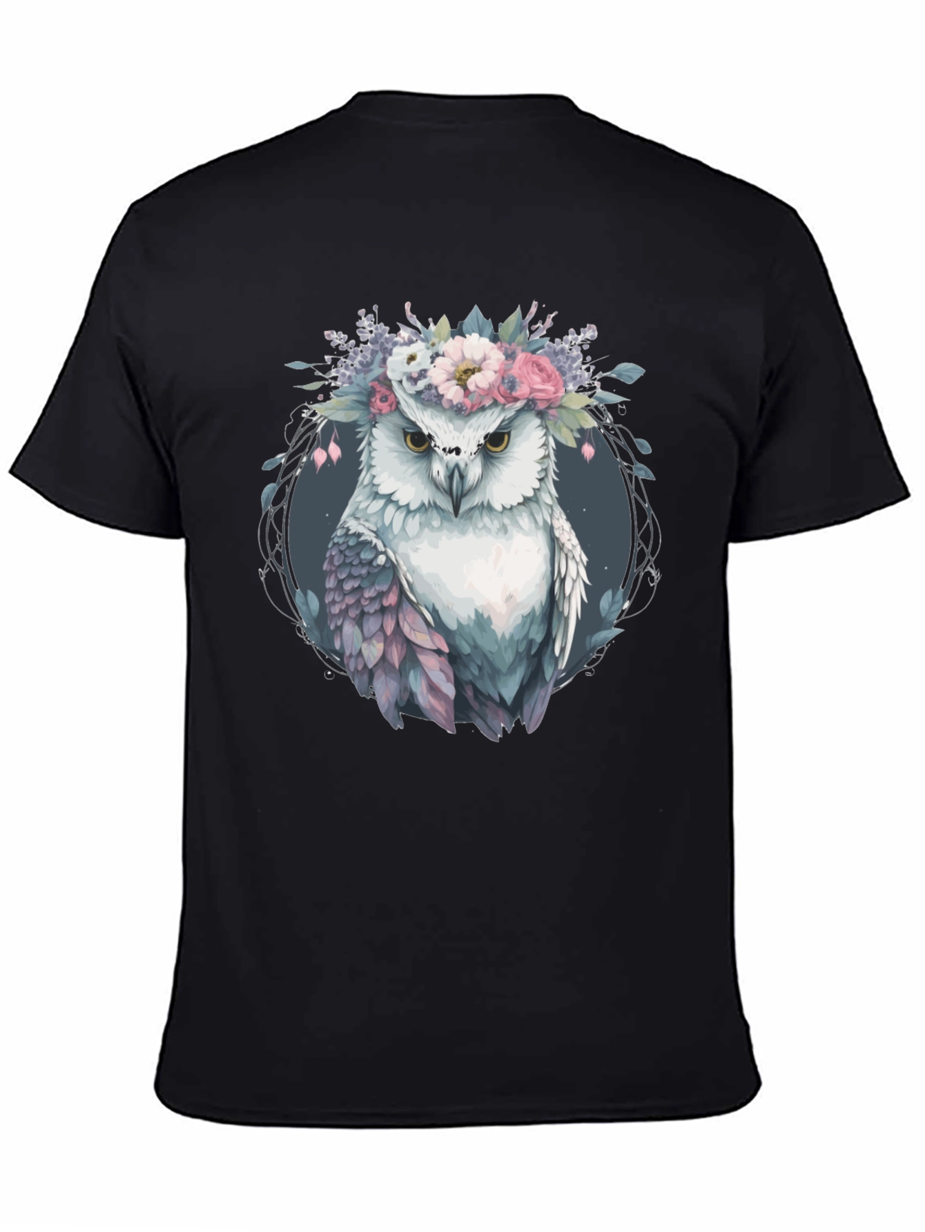 Owl With Floral Crown Graphic Tee - Black