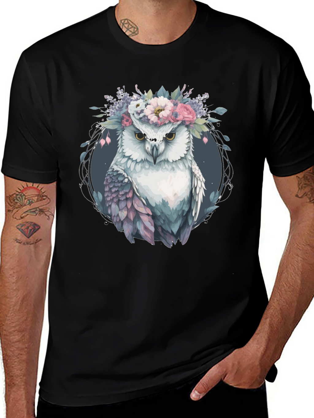 Owl With Floral Crown Graphic Tee - Black