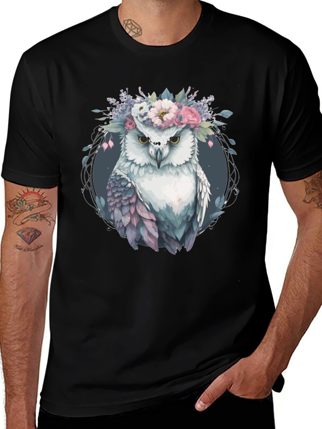 Owl With Floral Crown Graphic Tee - Black