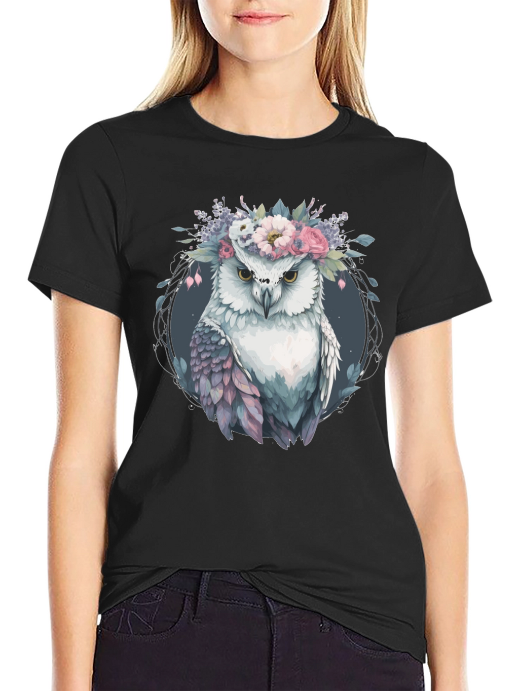 Owl With Floral Crown Graphic Tee - Black