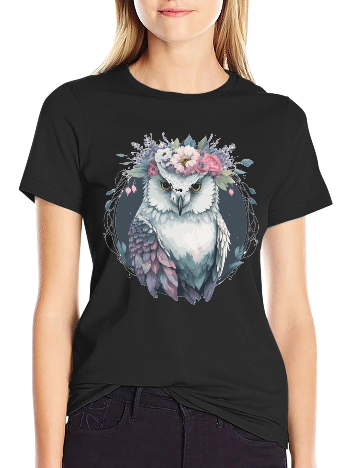 Owl With Floral Crown Graphic Tee - Black