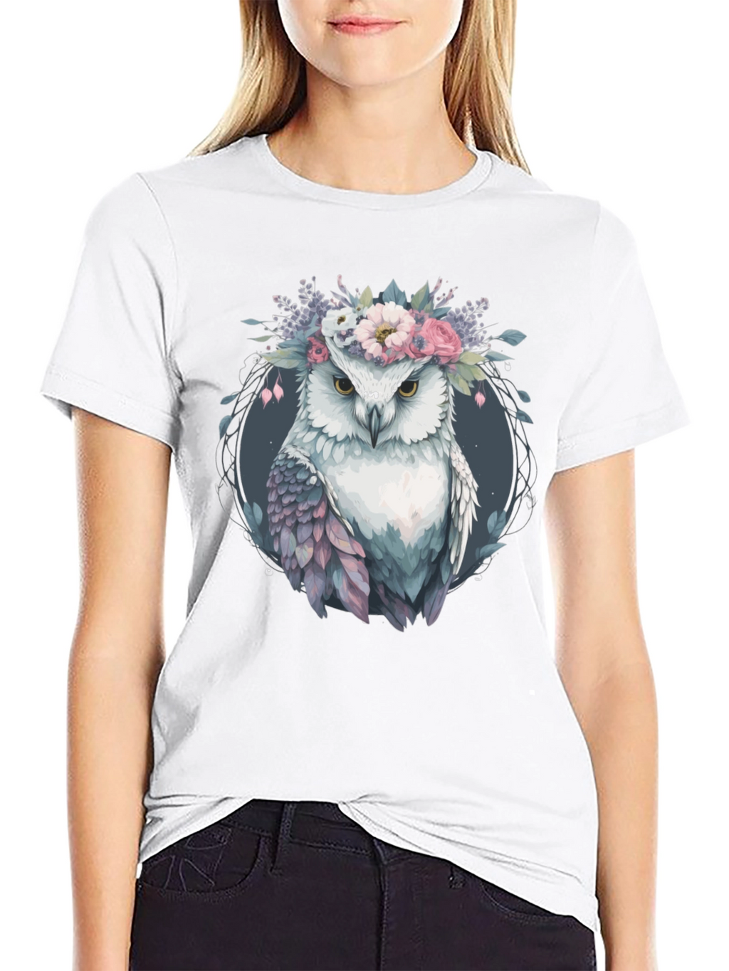 Owl With Floral Crown Graphic Tee - Black