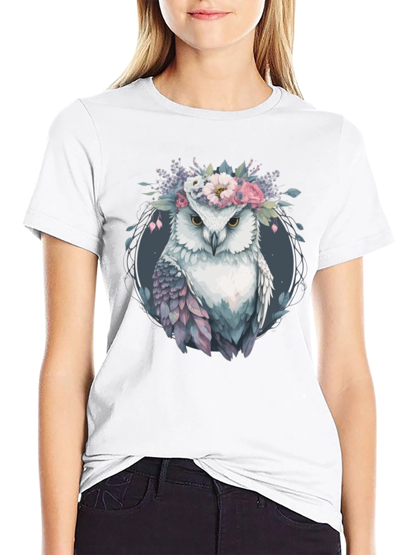 Owl With Floral Crown Graphic Tee - Black