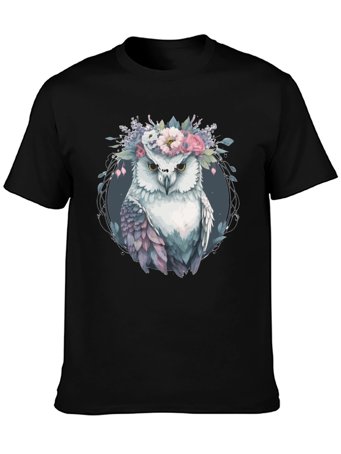 Owl With Floral Crown Graphic Tee - Black
