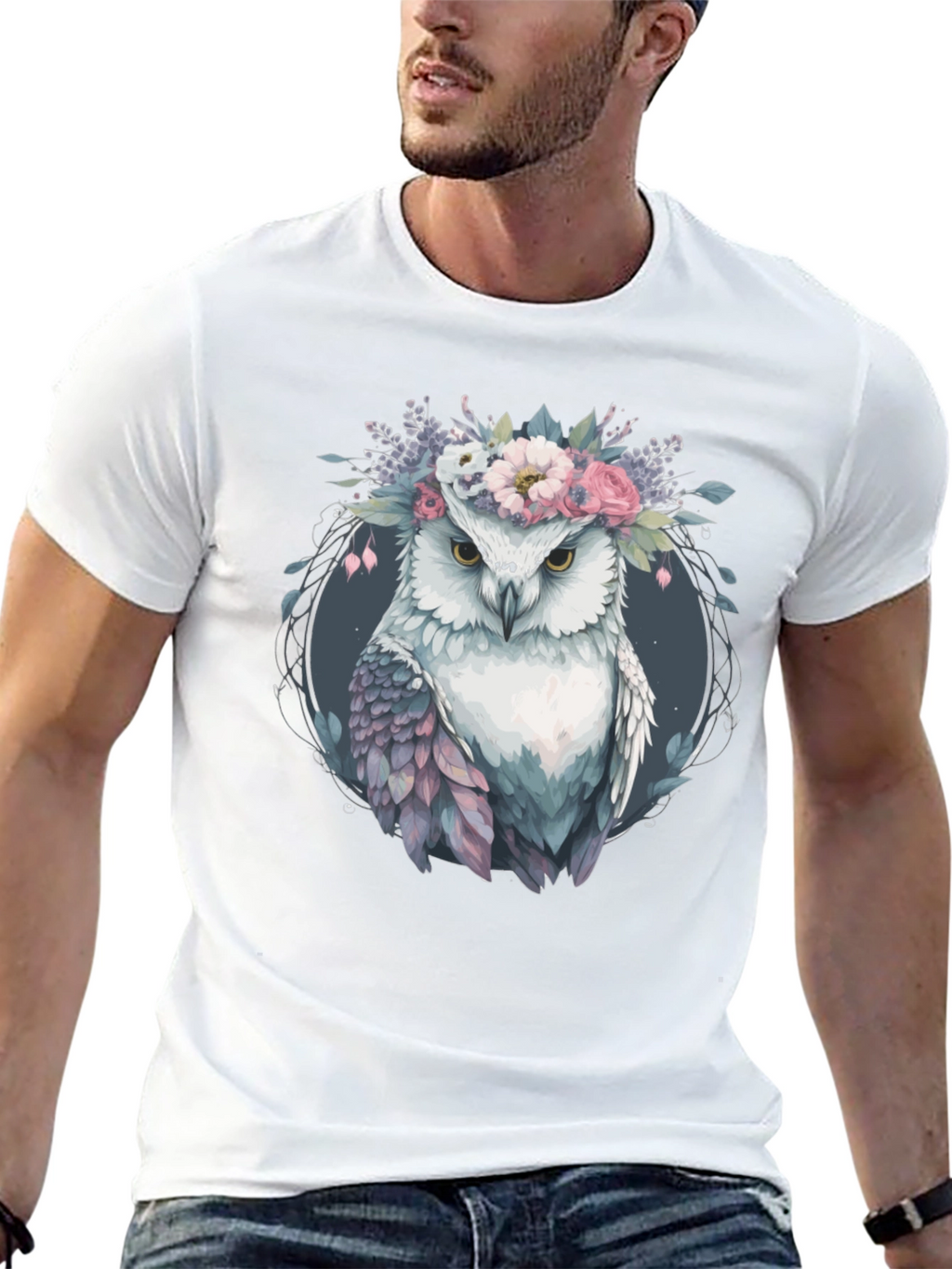 Owl With Floral Crown Graphic Tee - Black