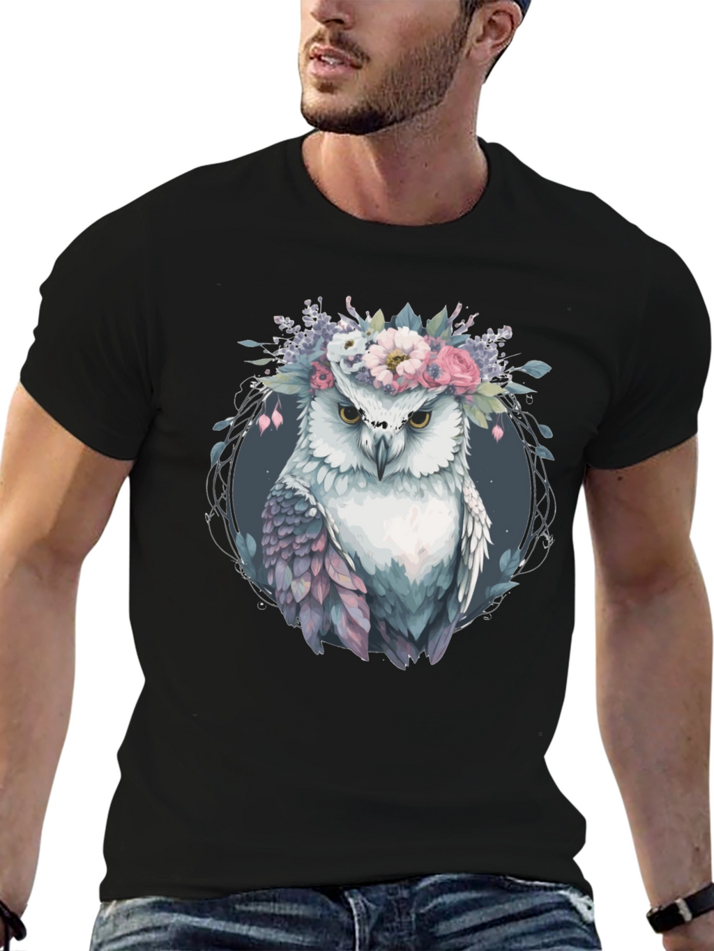 Owl With Floral Crown Graphic Tee - Black