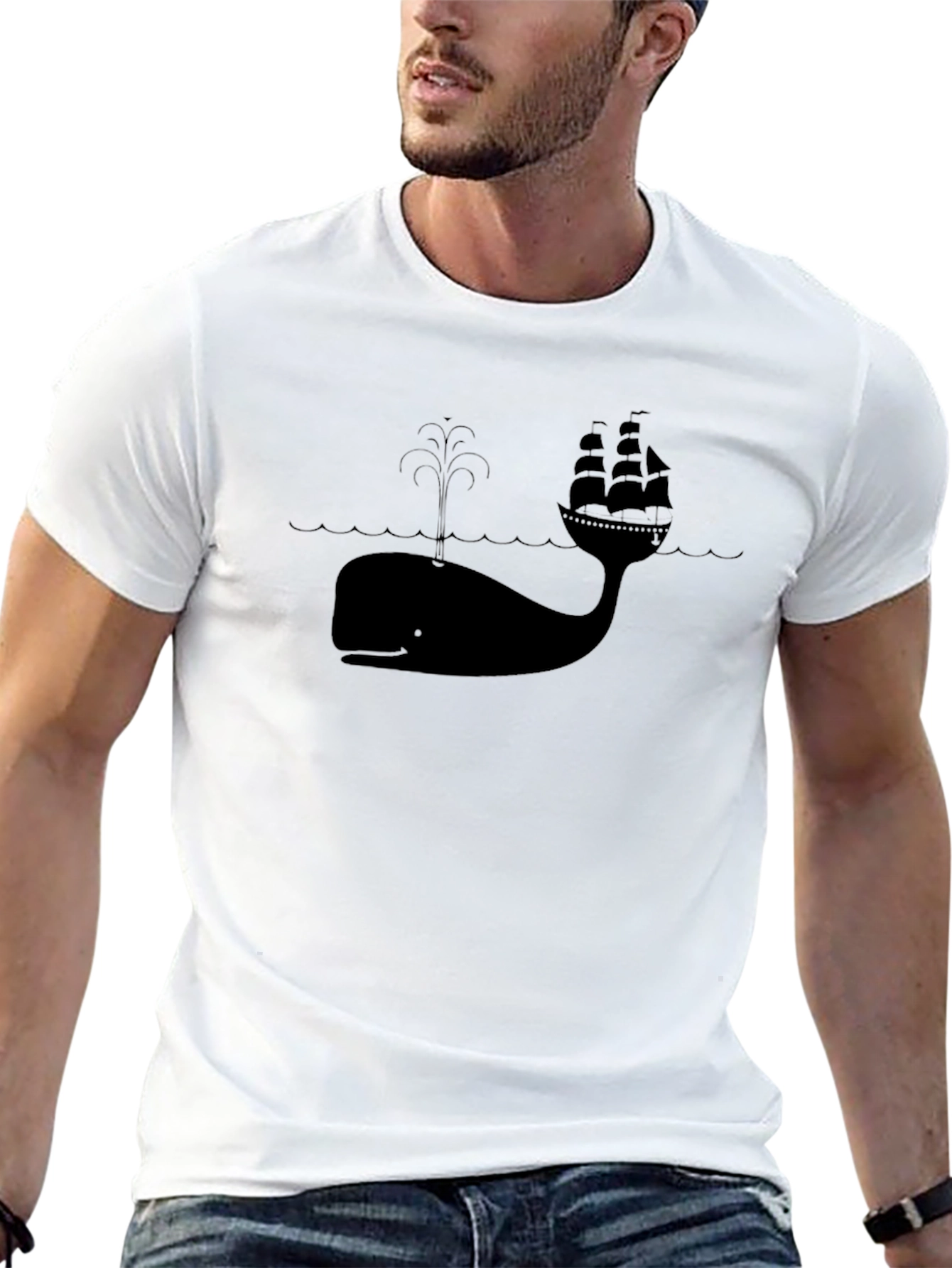 Whale and Ship Graphic Tee - Black Cotton Blend