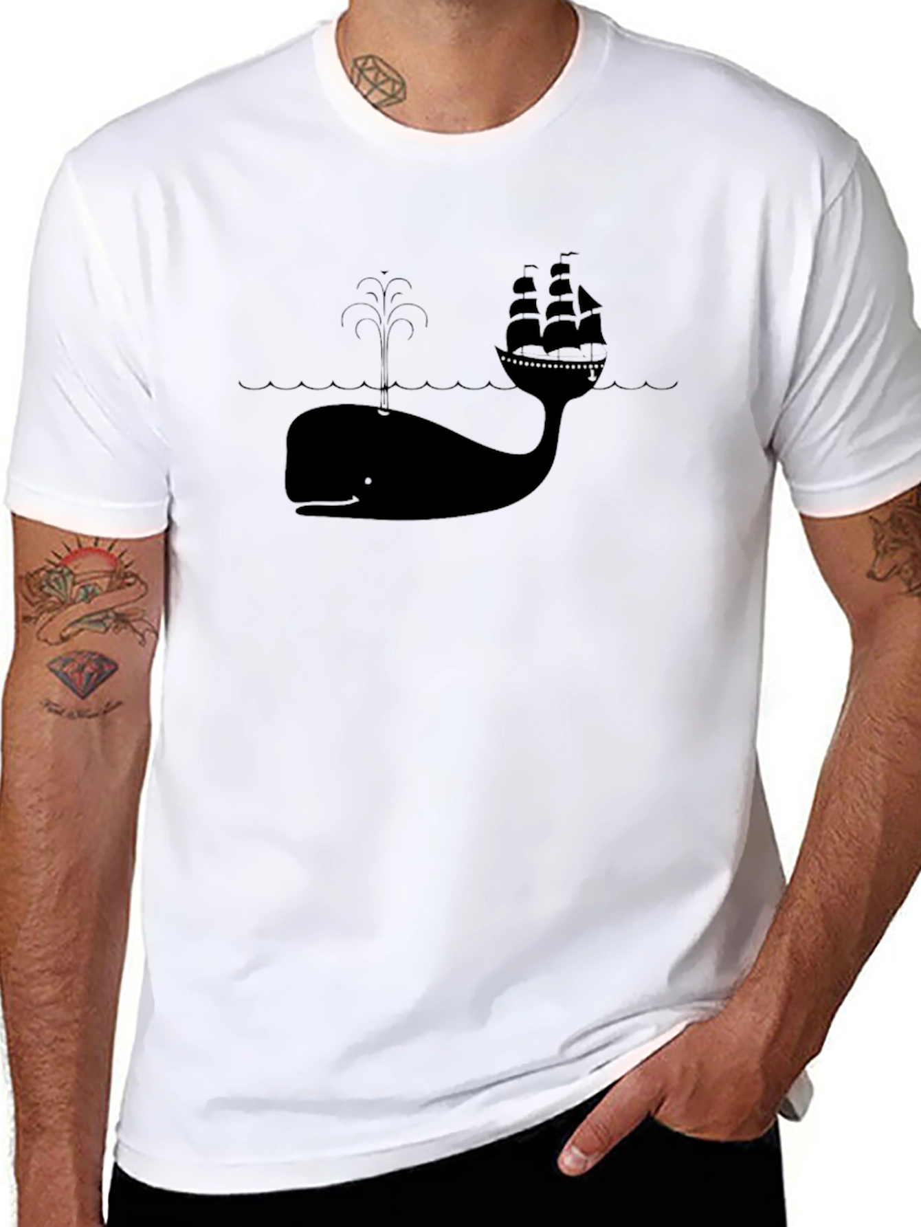 Whale and Ship Graphic Tee - Black Cotton Blend