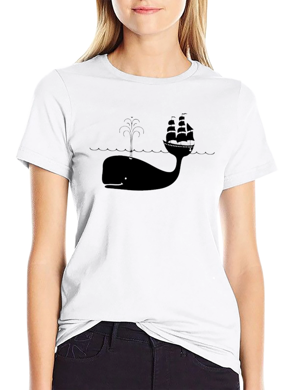 Whale and Ship Graphic Tee - Black Cotton Blend