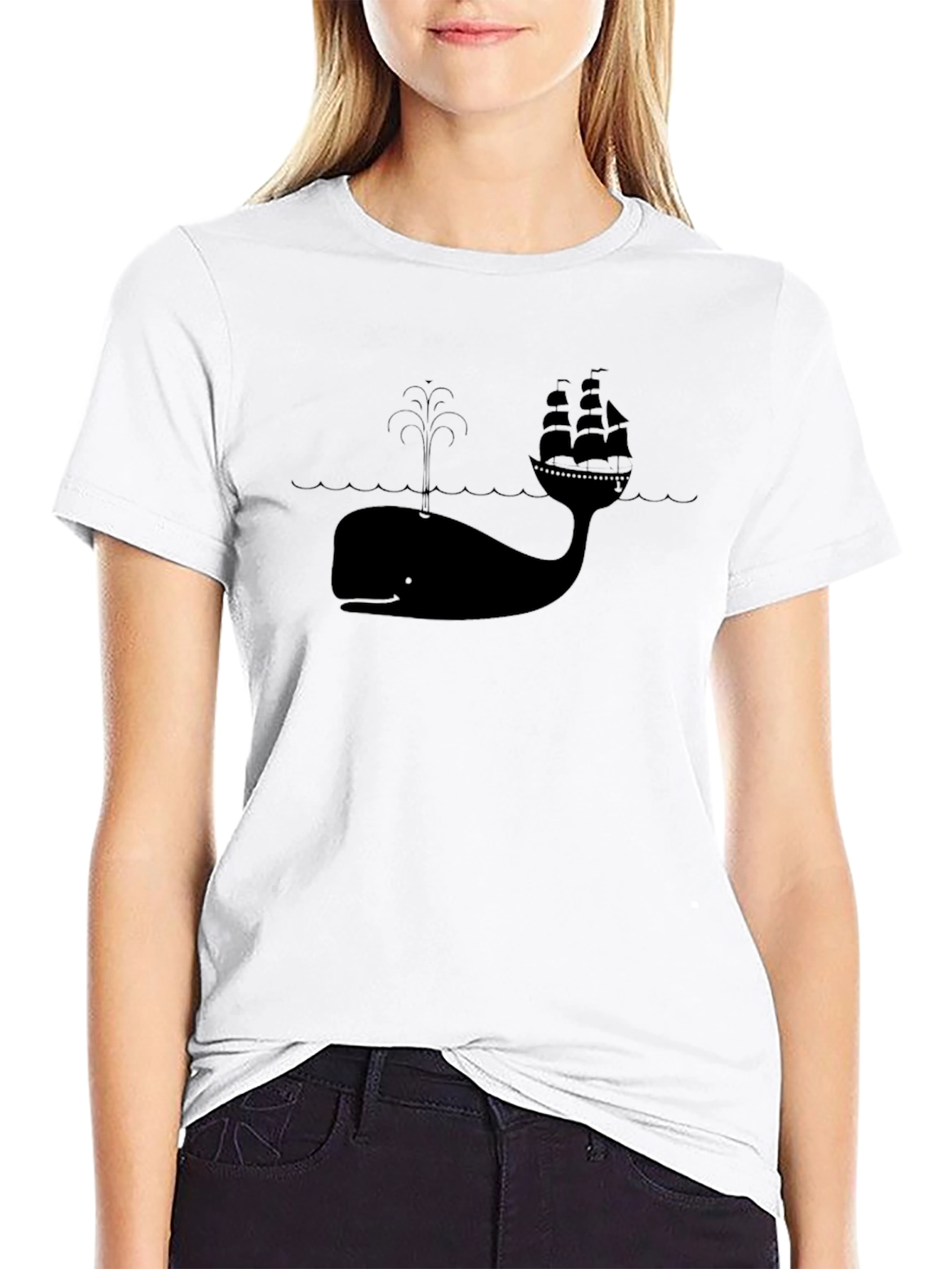 Whale and Ship Graphic Tee - Black Cotton Blend