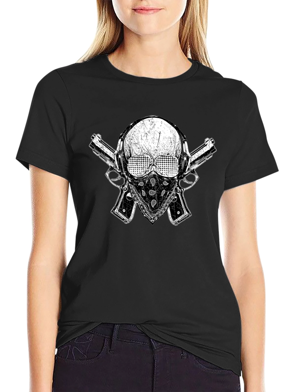 Skull Guns Bandana Black Graphic T-Shirt