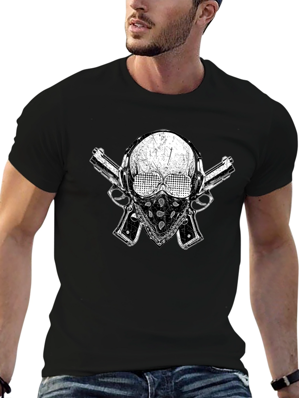 Skull Guns Bandana Black Graphic T-Shirt