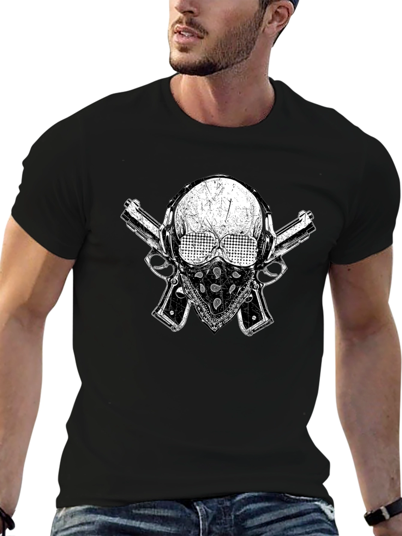 Skull Guns Bandana Black Graphic T-Shirt