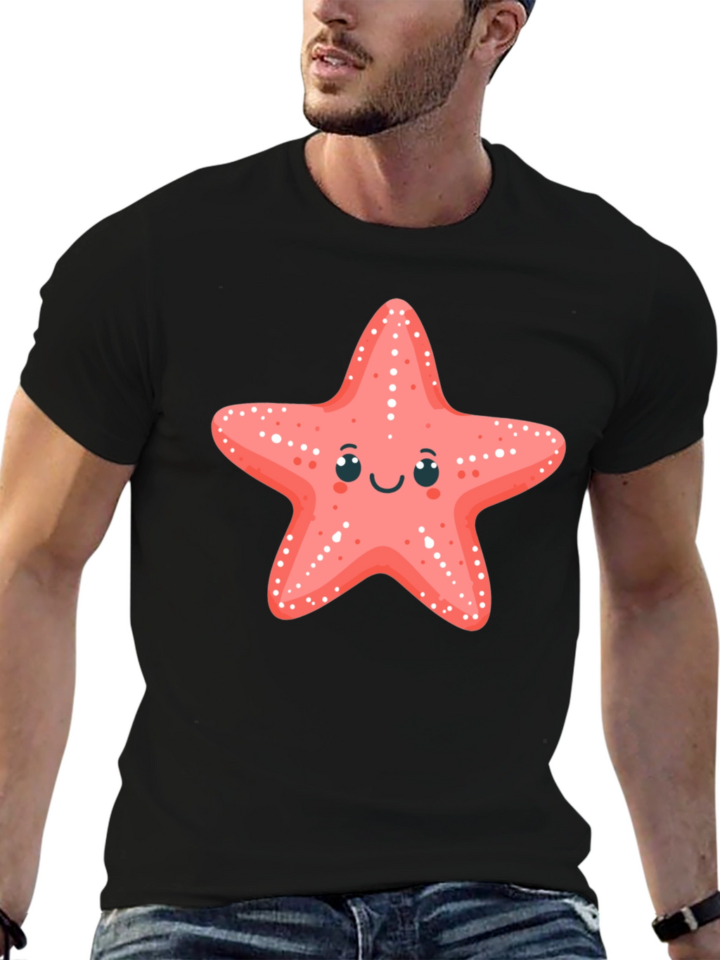 Cute Starfish Graphic Tee - Black Cotton T-Shirt
