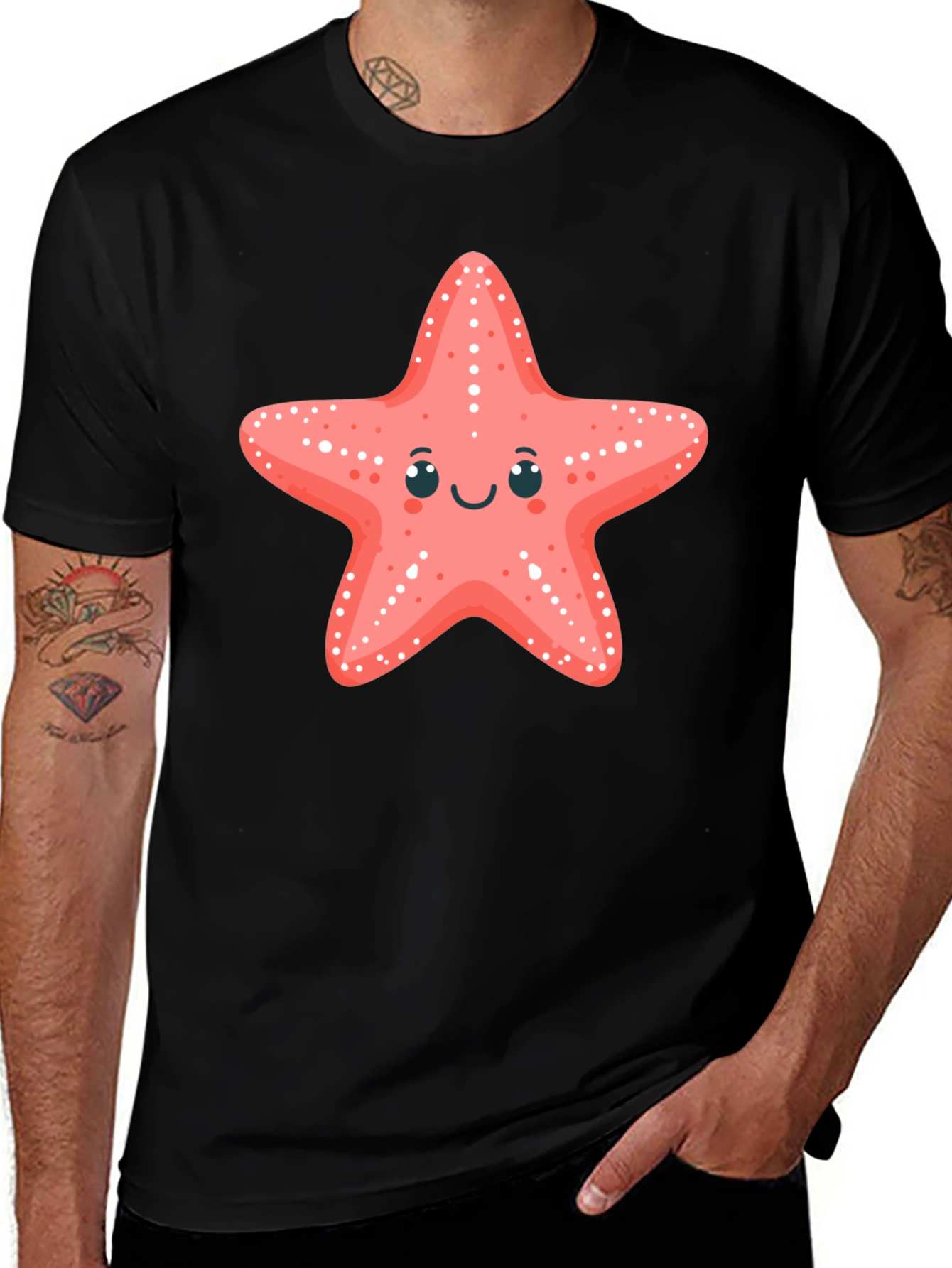 Cute Starfish Graphic Tee - Black Cotton T-Shirt
