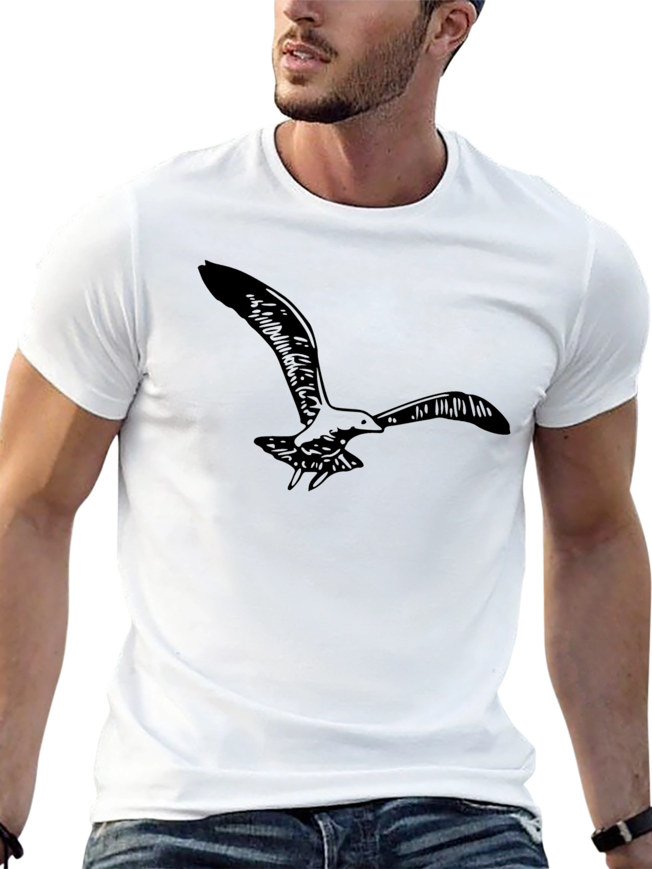 Black T-Shirt with Flying Seagull Design