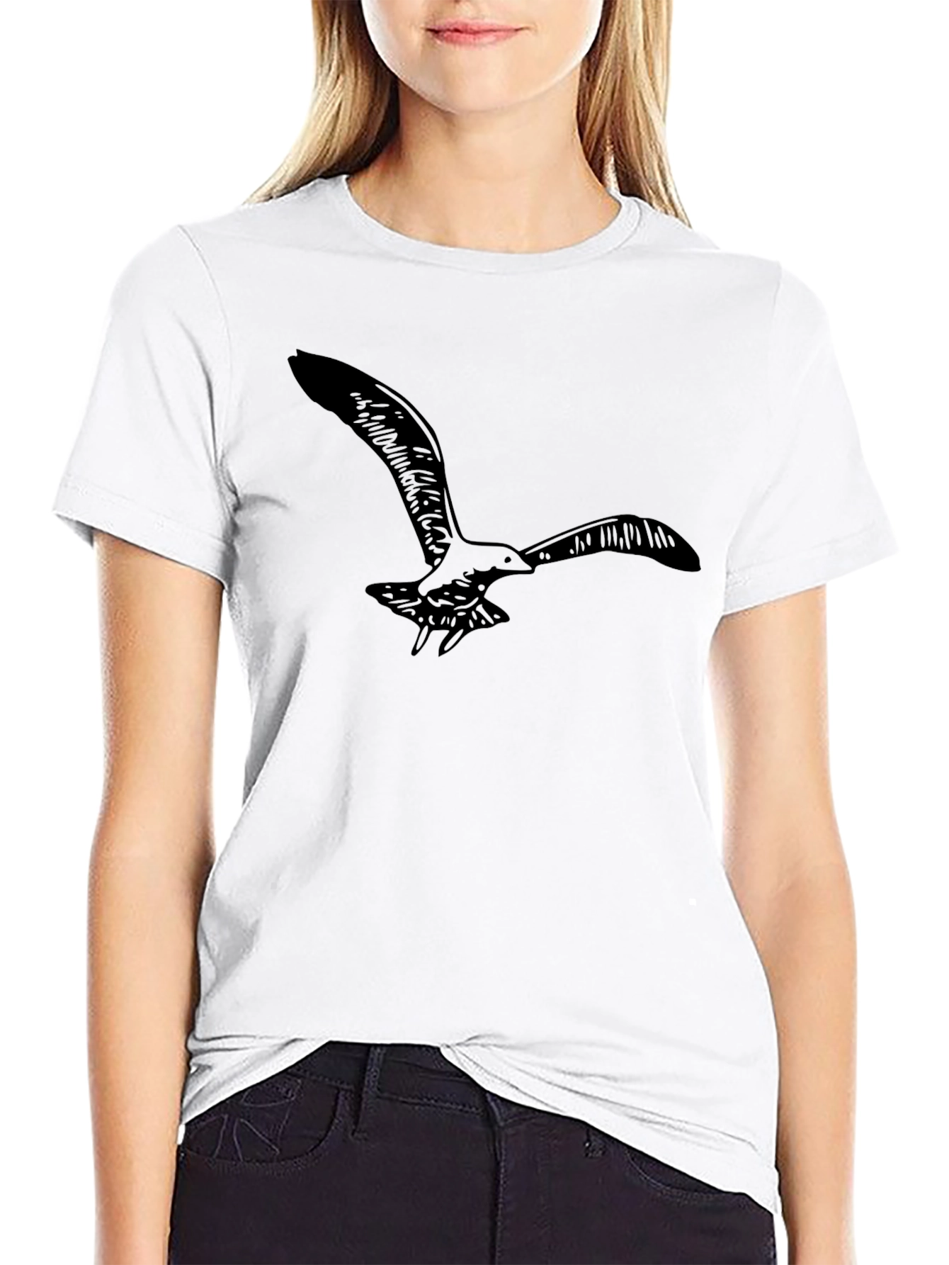 Black T-Shirt with Flying Seagull Design