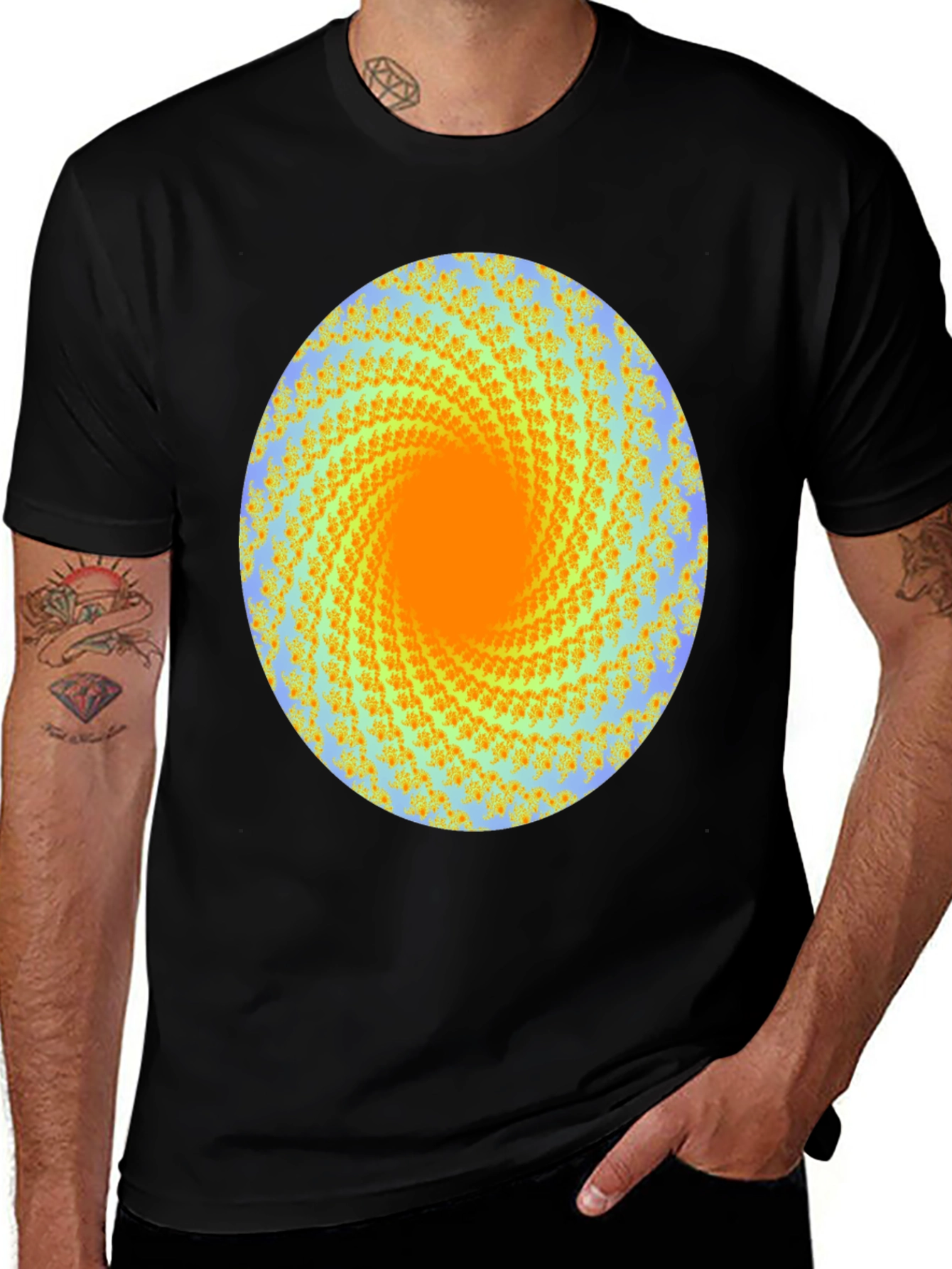 Spiral Graphic Print Crew Neck Tee - Black