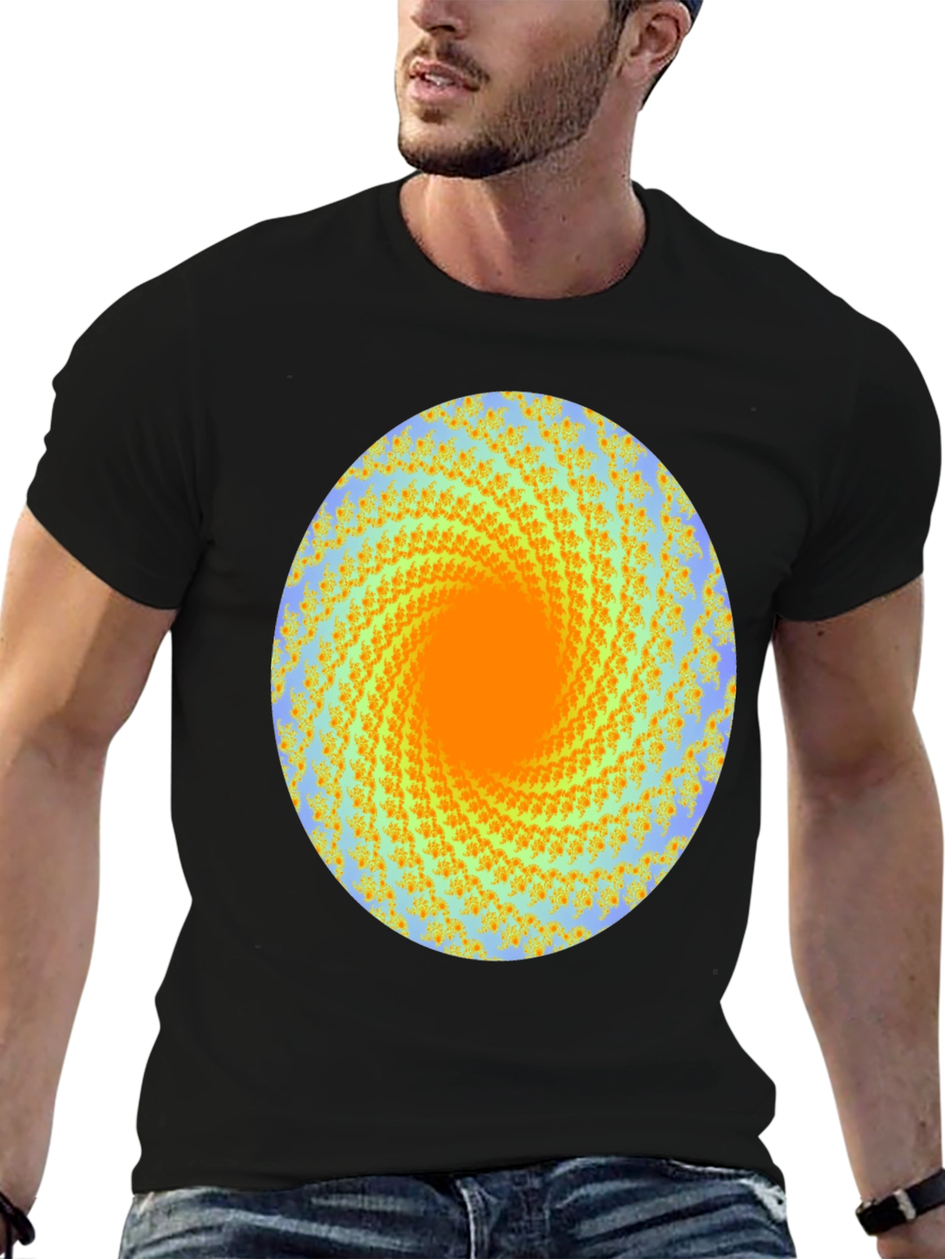 Spiral Graphic Print Crew Neck Tee - Black