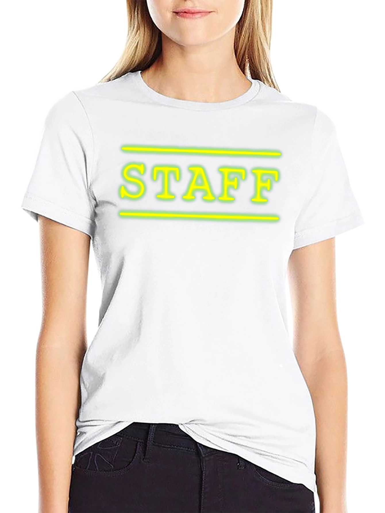 Neon STAFF Graphic T-Shirt - Black Crew Neck