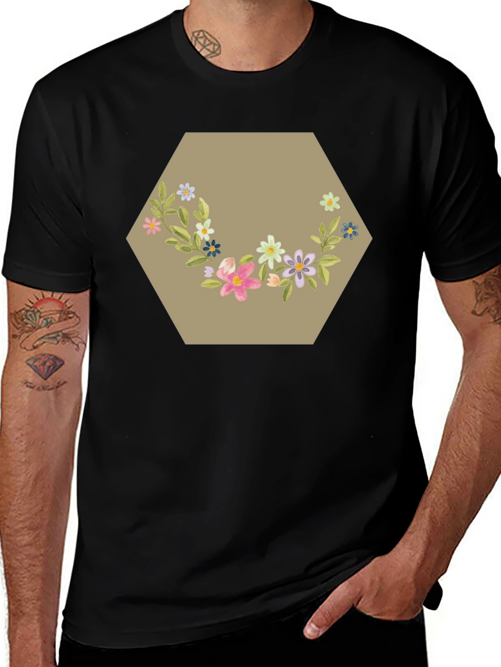 Floral Hexagon Graphic Tee - Black
