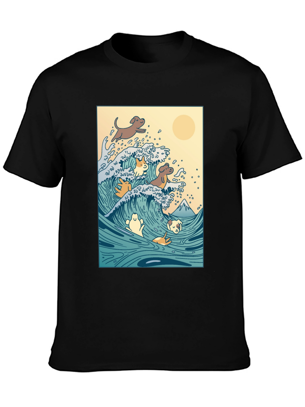 Dogs Surfing Wave Black T-Shirt
