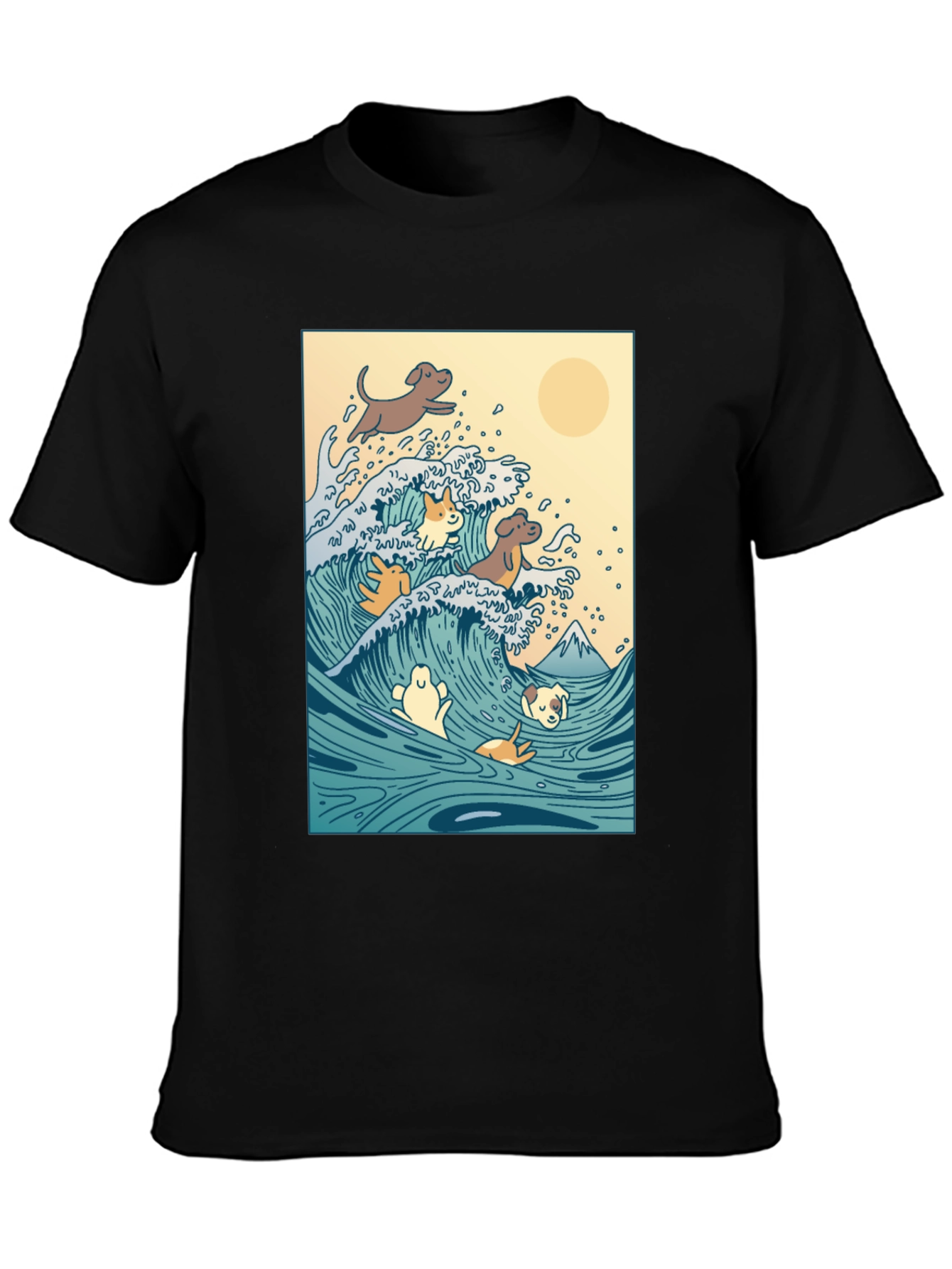 Dogs Surfing Wave Black T-Shirt
