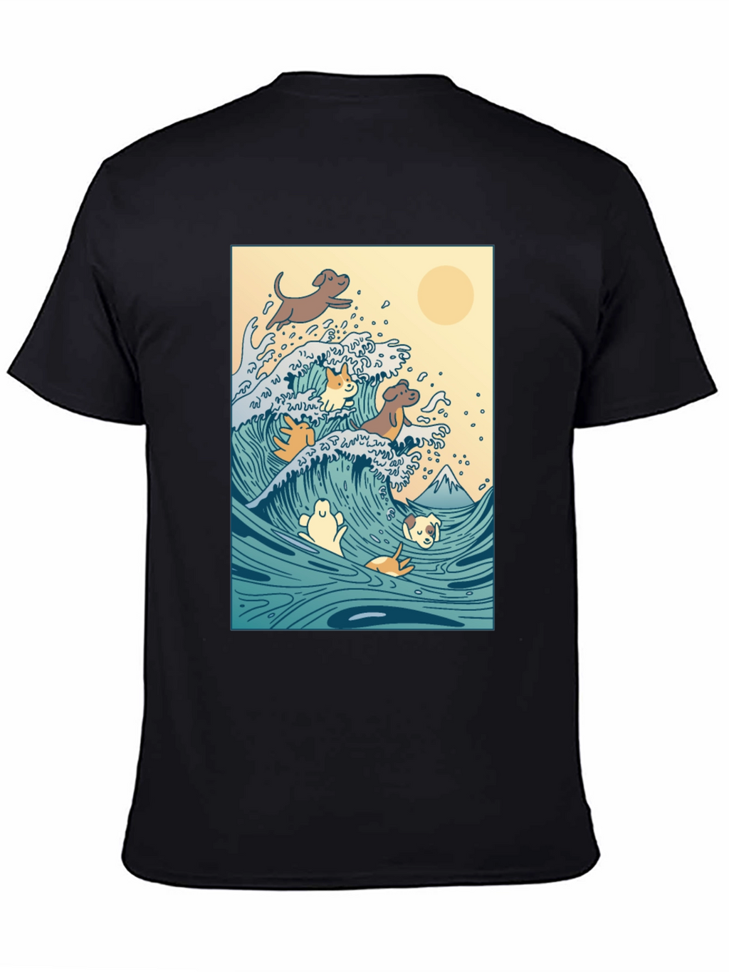 Dogs Surfing Wave Black T-Shirt