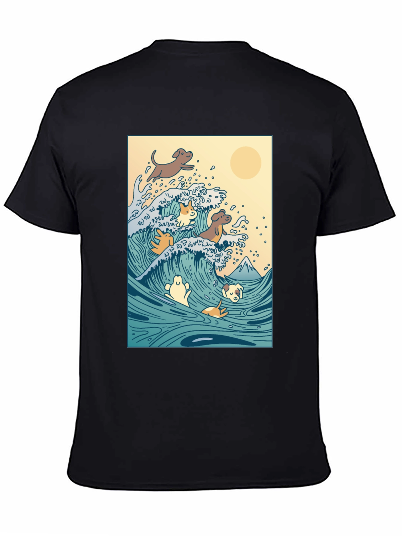 Dogs Surfing Wave Black T-Shirt