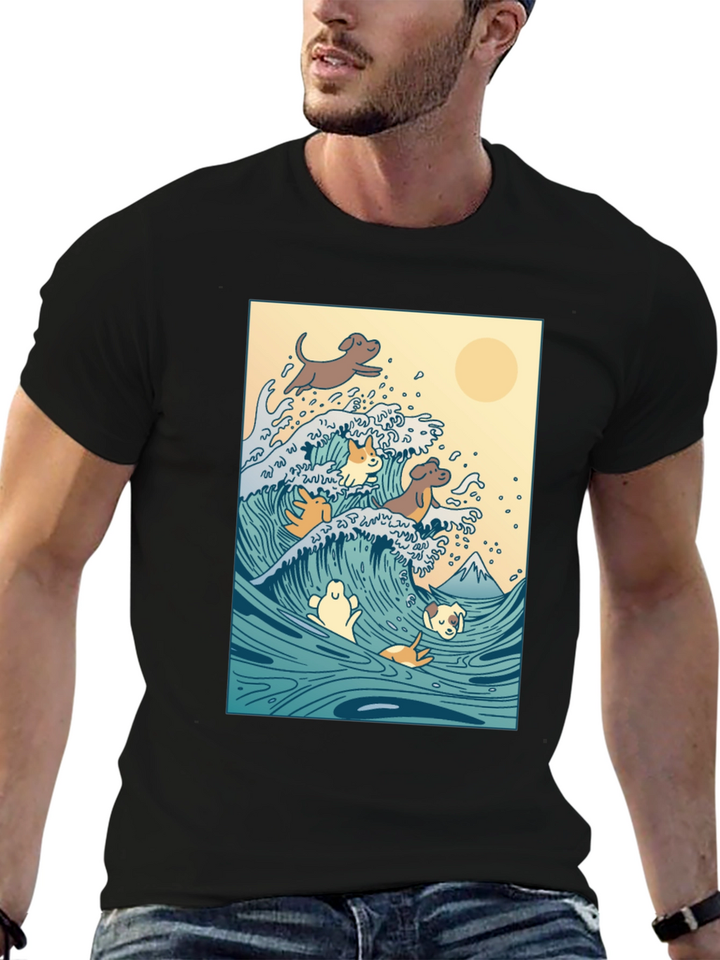 Dogs Surfing Wave Black T-Shirt