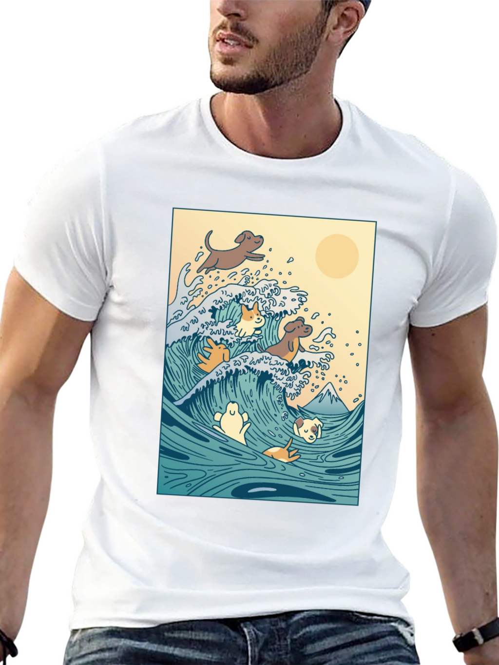 Dogs Surfing Wave Black T-Shirt
