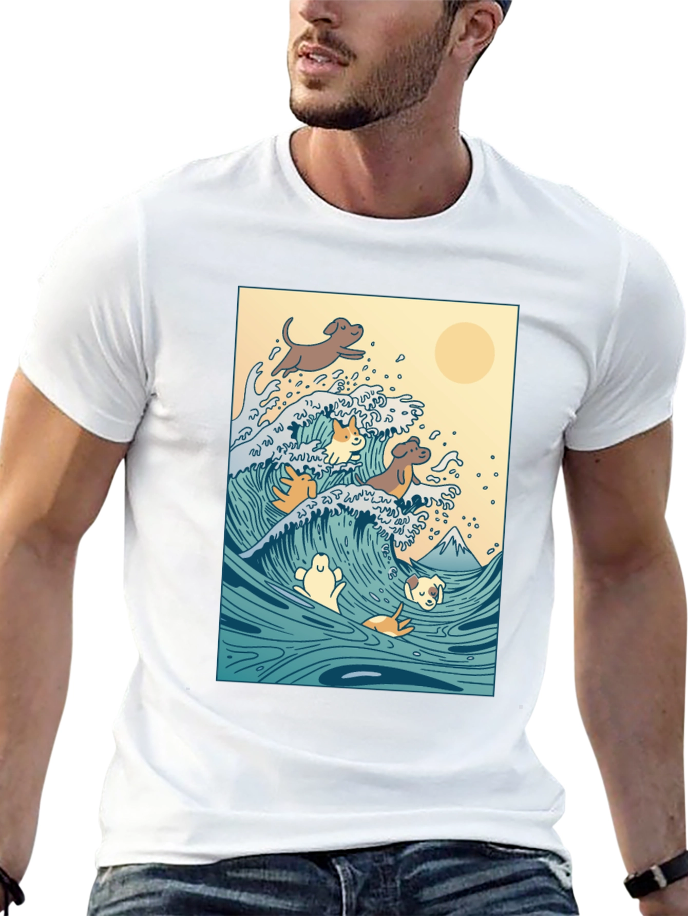 Dogs Surfing Wave Black T-Shirt