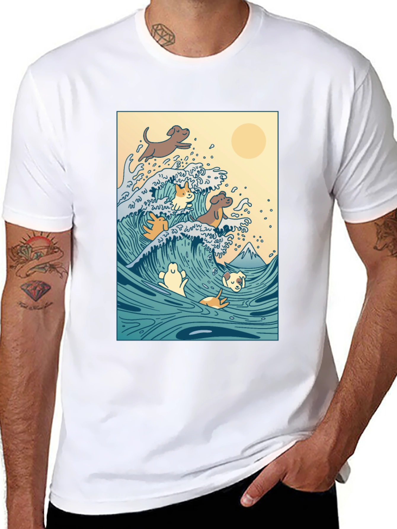 Dogs Surfing Wave Black T-Shirt