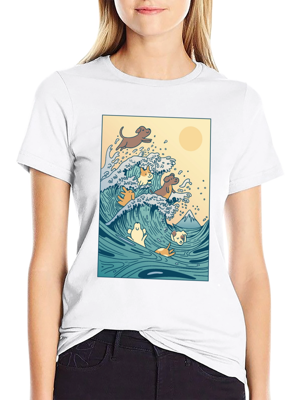 Dogs Surfing Wave Black T-Shirt