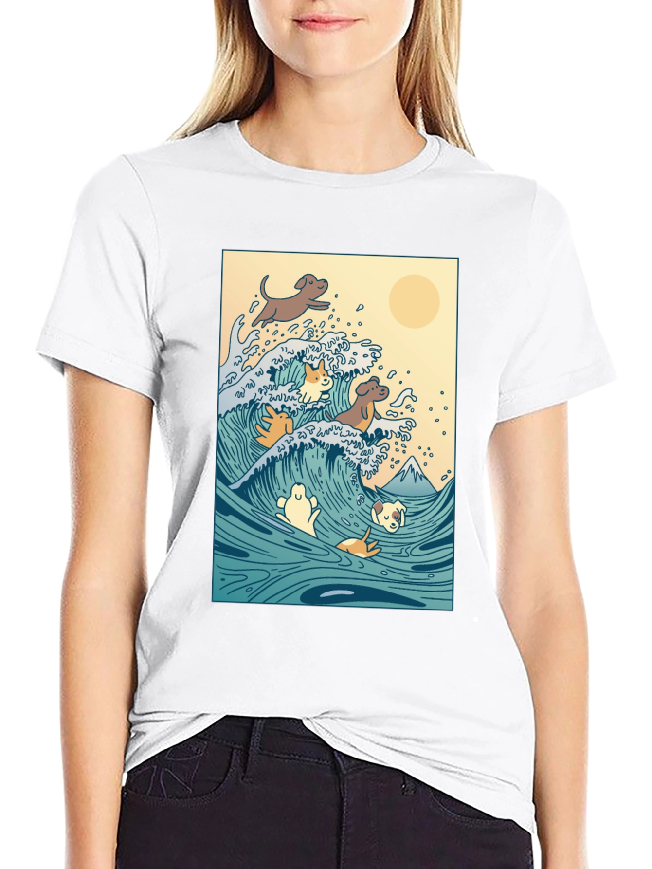 Dogs Surfing Wave Black T-Shirt
