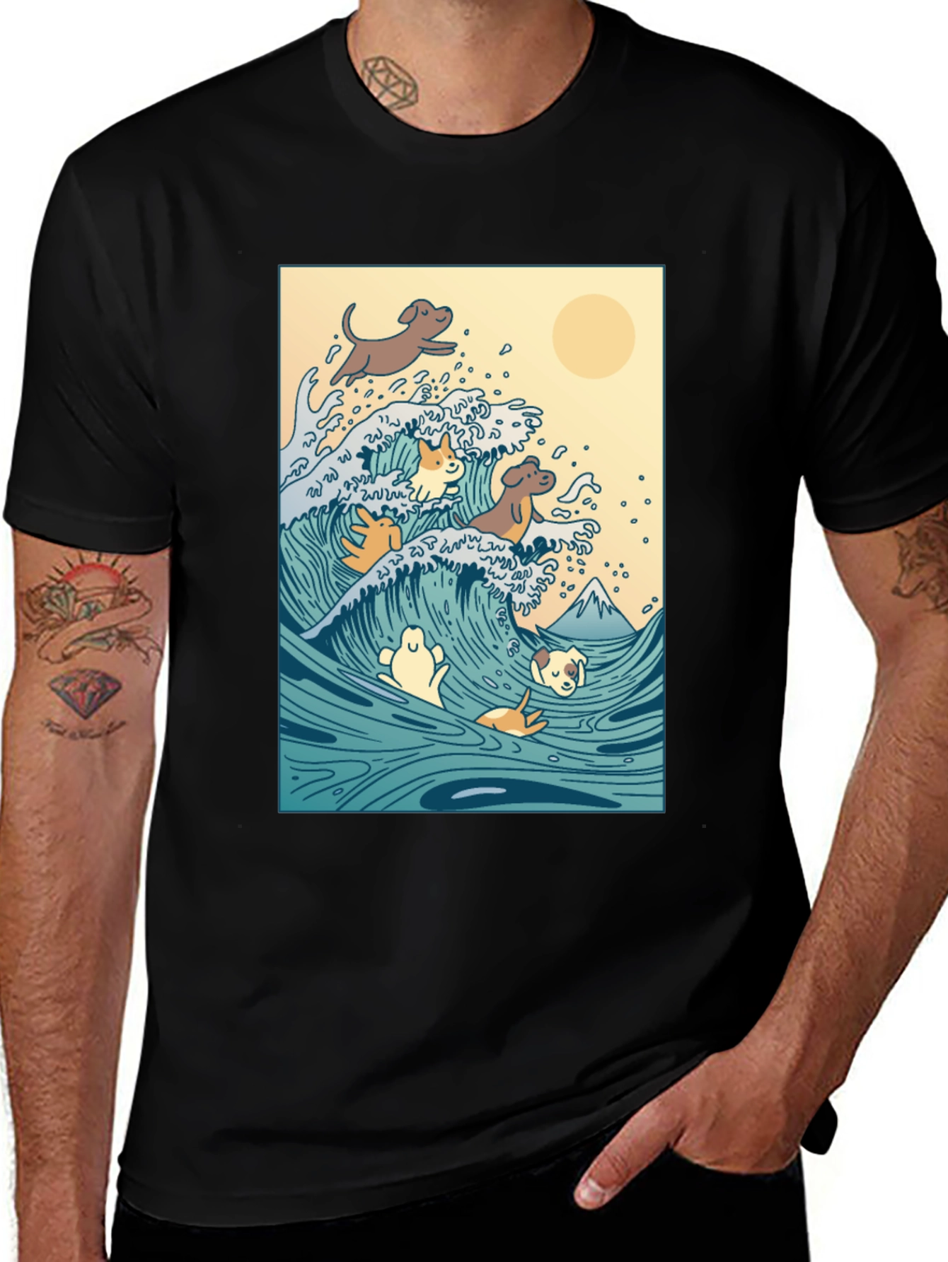 Dogs Surfing Wave Black T-Shirt