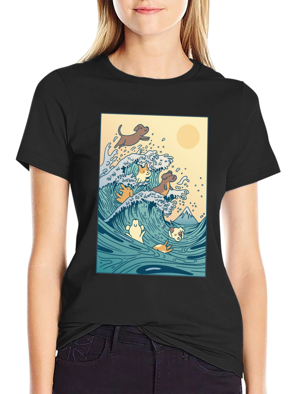 Dogs Surfing Wave Black T-Shirt