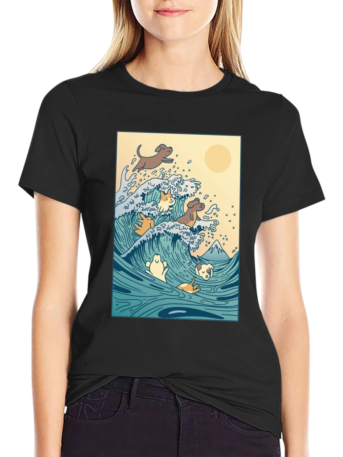 Dogs Surfing Wave Black T-Shirt