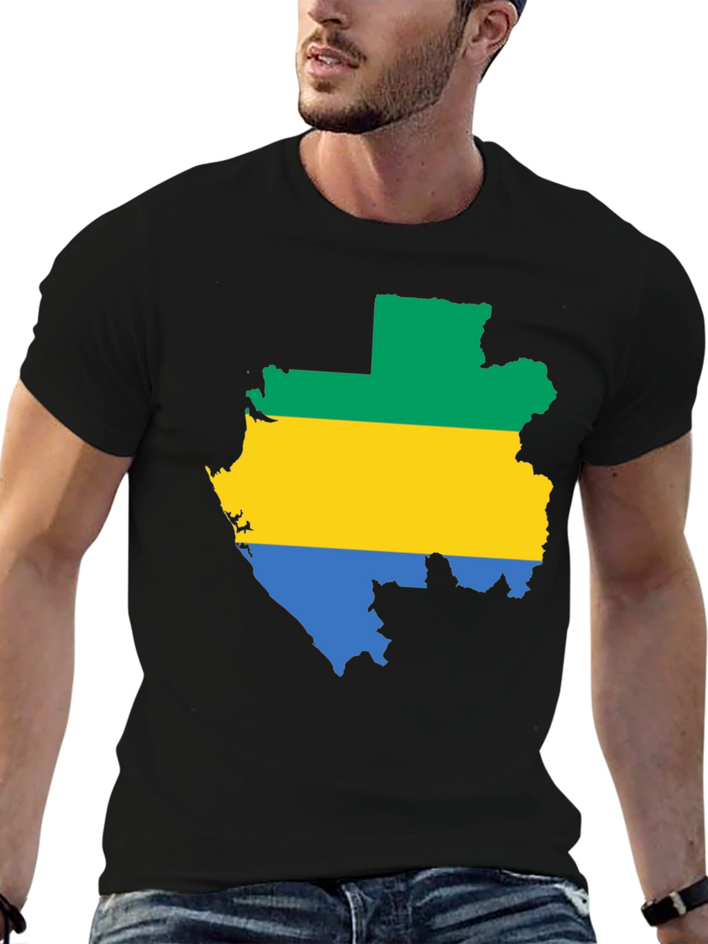 Gabon Flag Map T-Shirt - Black Cotton Tee