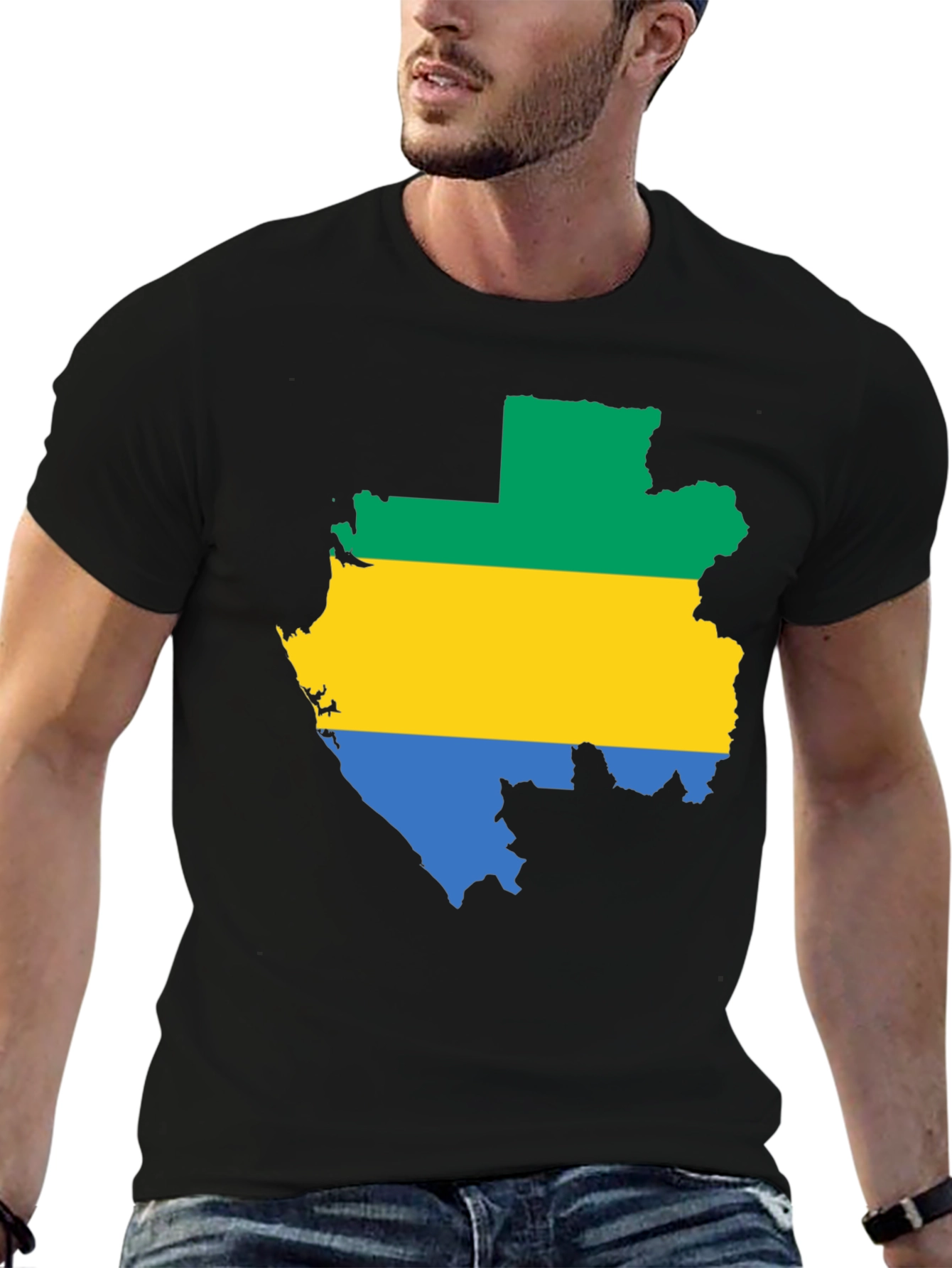 Gabon Flag Map T-Shirt - Black Cotton Tee