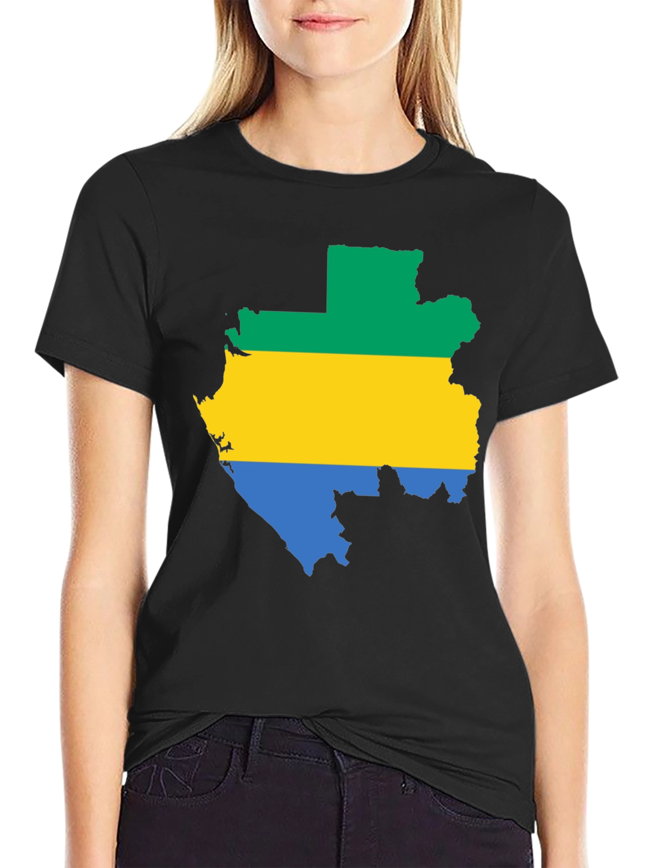 Gabon Flag Map T-Shirt - Black Cotton Tee