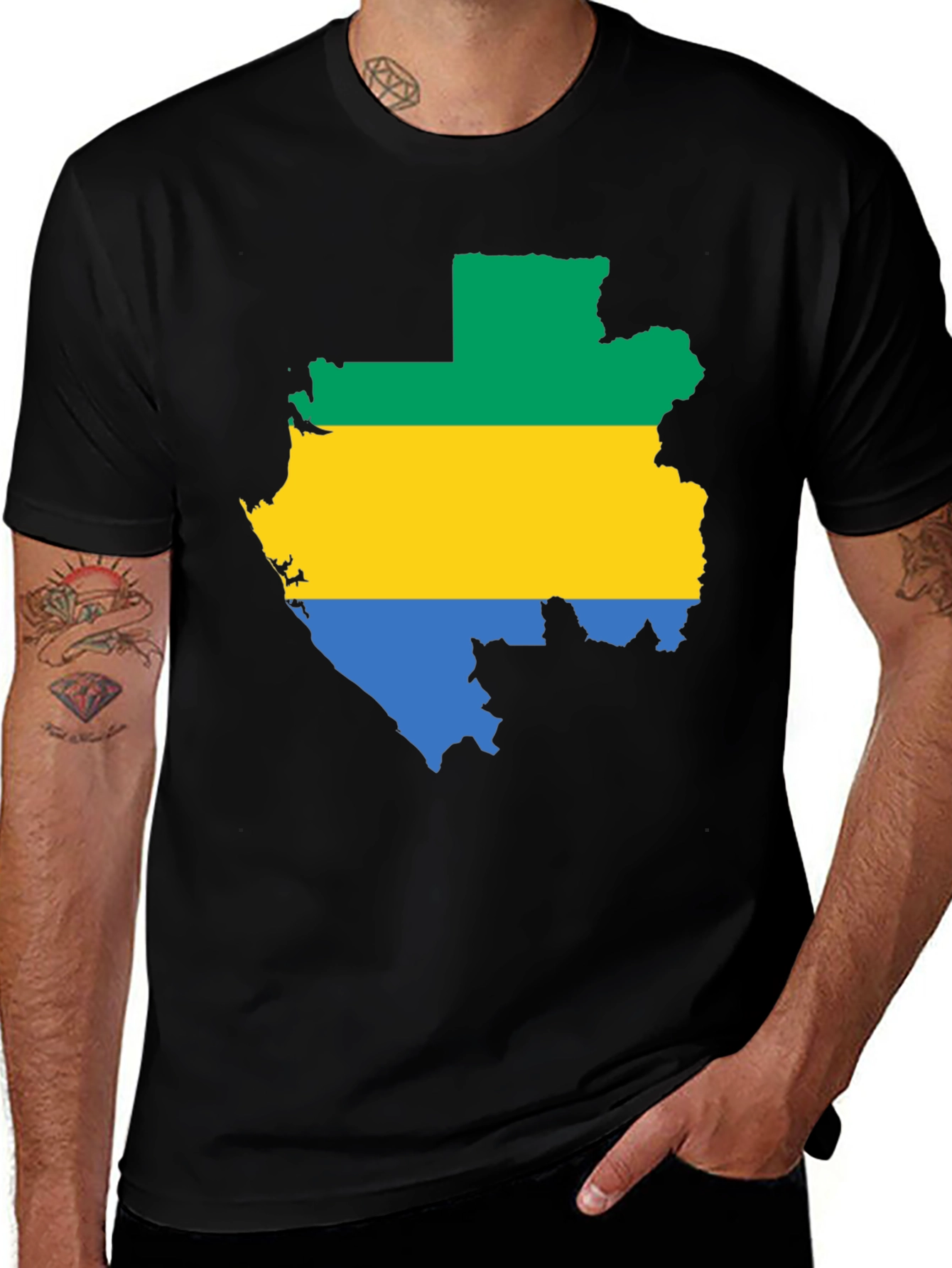 Gabon Flag Map T-Shirt - Black Cotton Tee