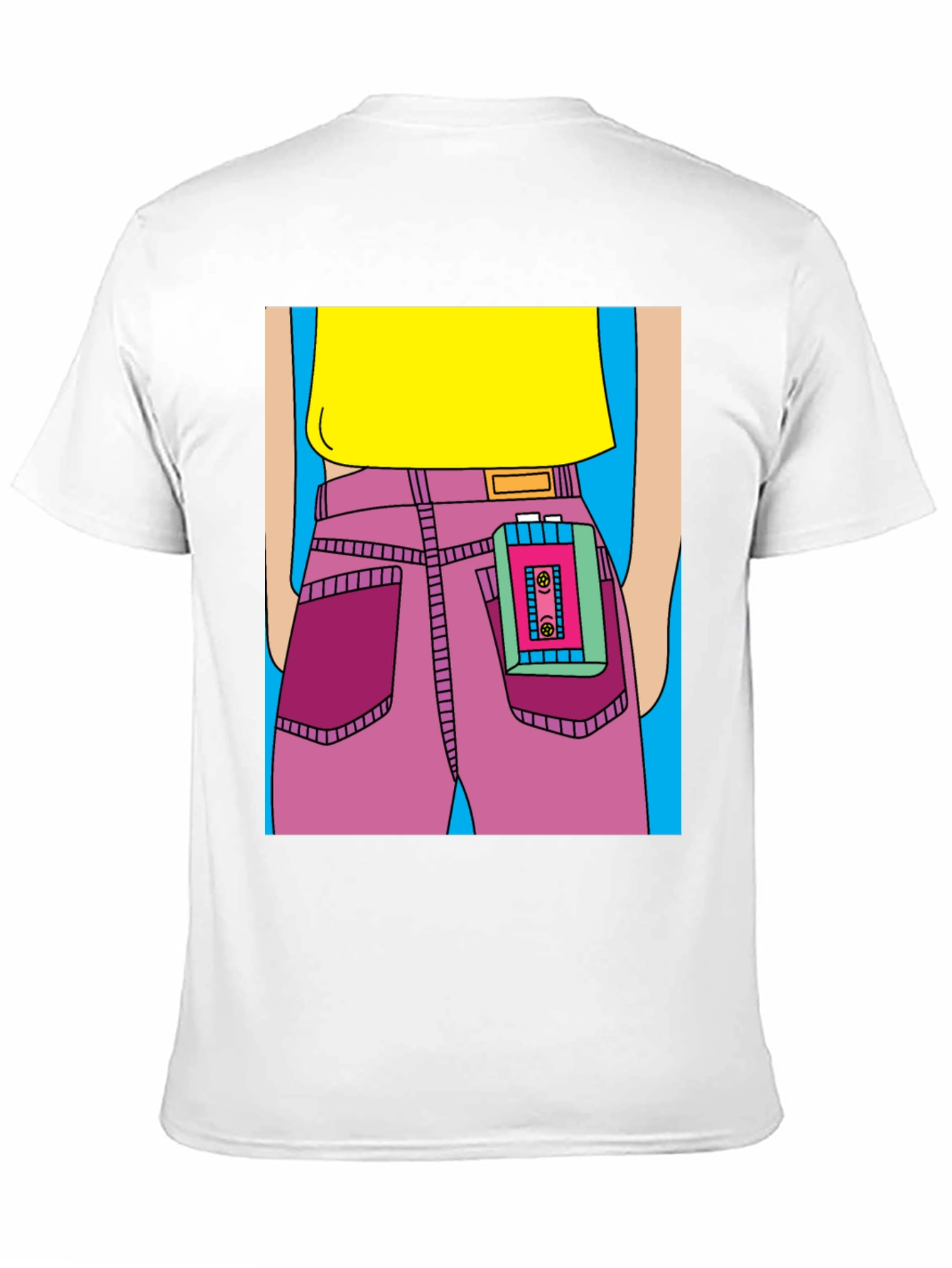 Retro Cartoon T-Shirt: Cassette Player in Pocket