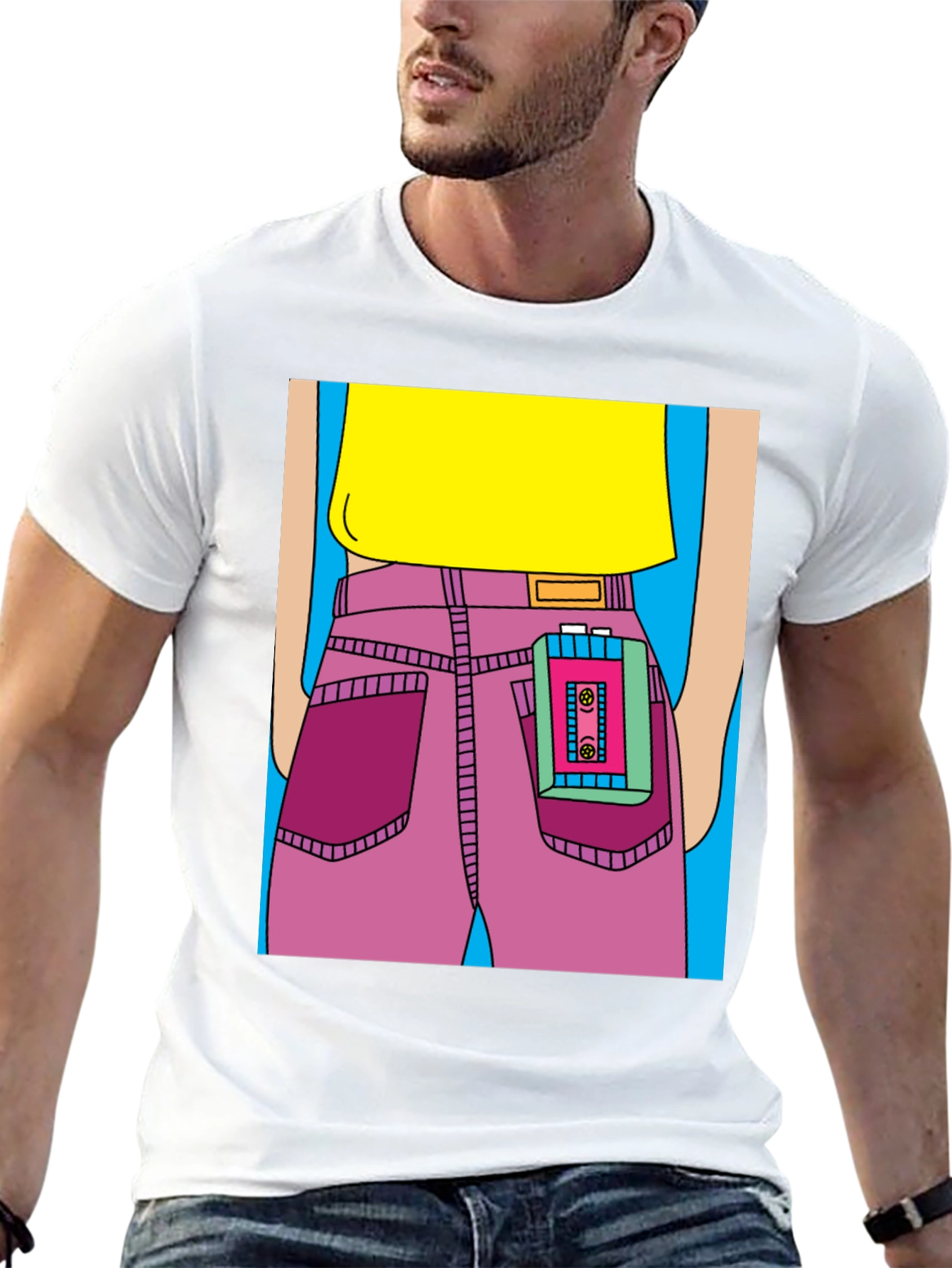 Retro Cartoon T-Shirt: Cassette Player in Pocket