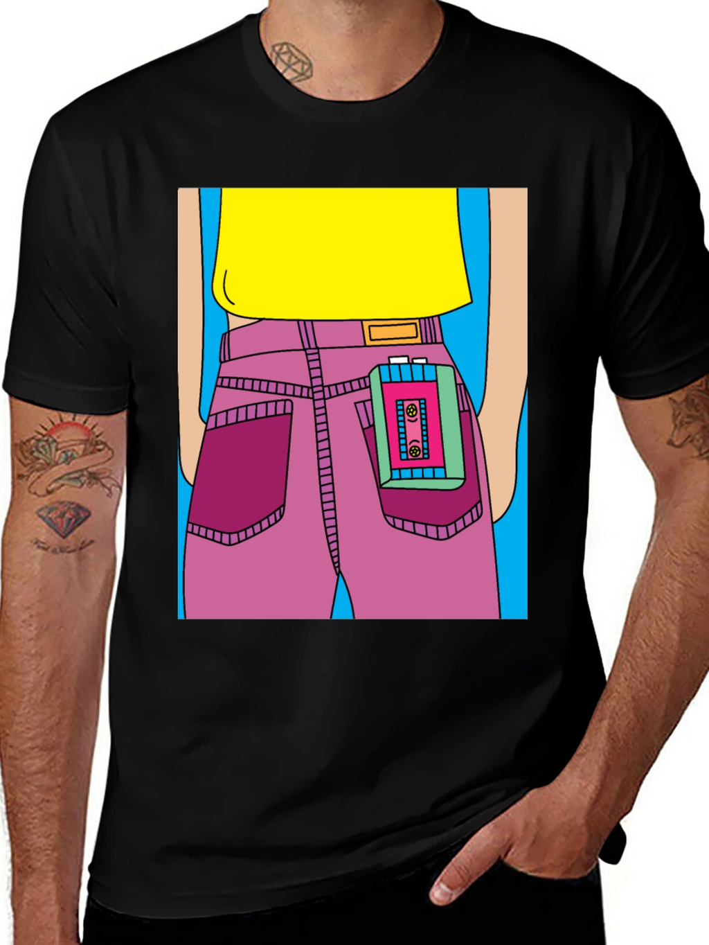 Retro Cartoon T-Shirt: Cassette Player in Pocket