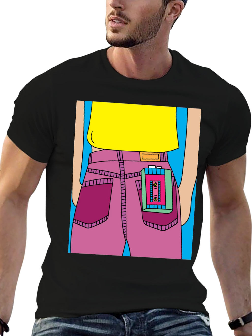 Retro Cartoon T-Shirt: Cassette Player in Pocket
