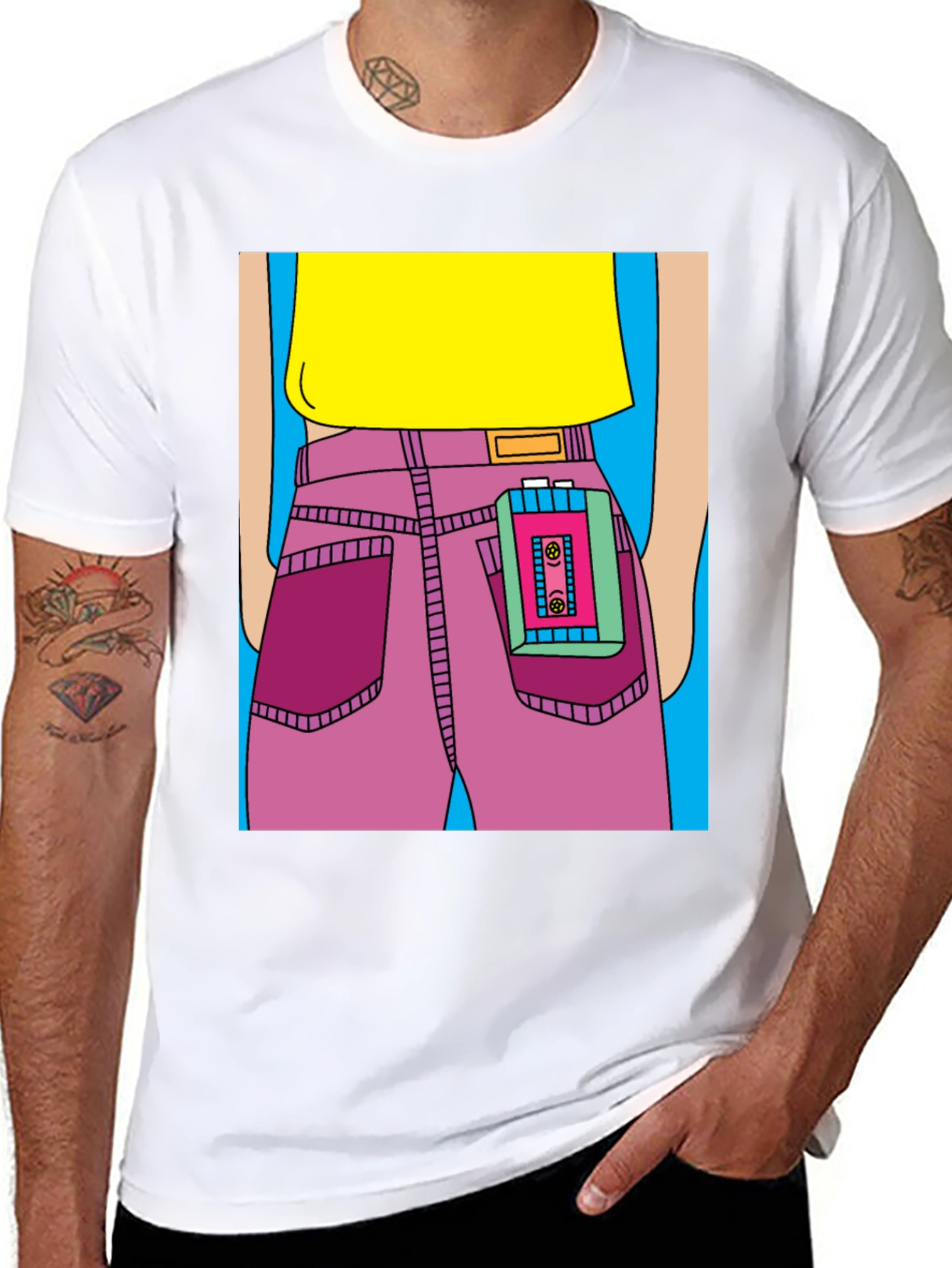 Retro Cartoon T-Shirt: Cassette Player in Pocket