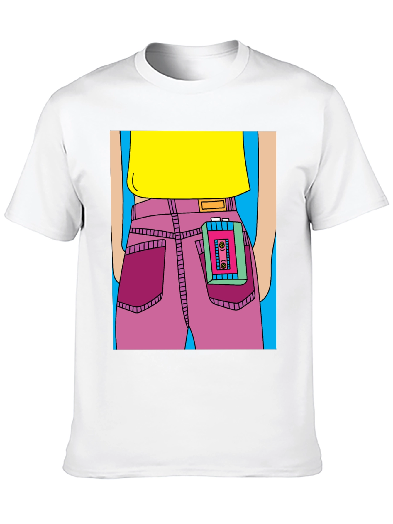 Retro Cartoon T-Shirt: Cassette Player in Pocket
